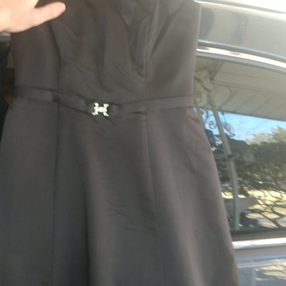 Black satin strapless Michelangelo prom dress